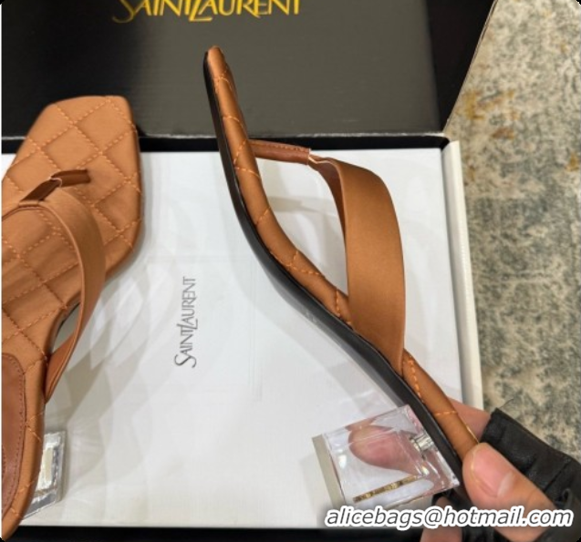 Charming Saint Laurent SIP Slides Sandal In Satin 4.5cm Heel Brown 6073145 2026
