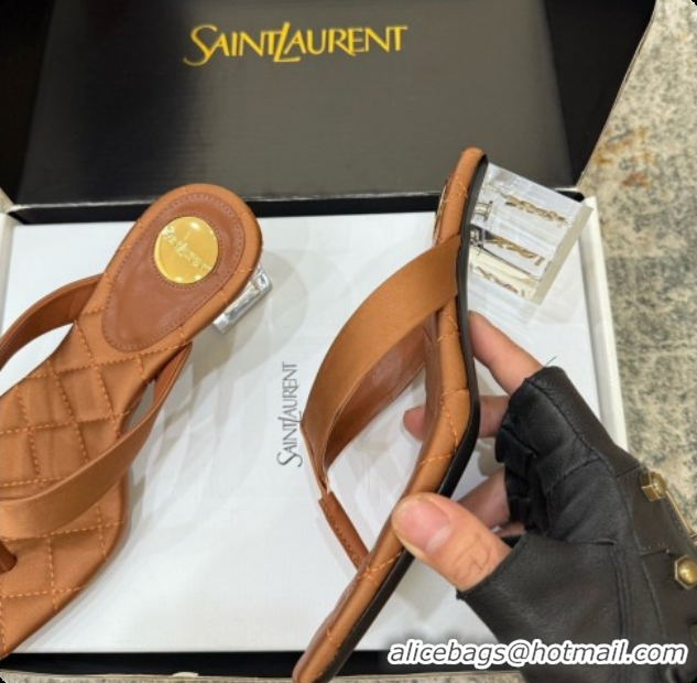 Charming Saint Laurent SIP Slides Sandal In Satin 4.5cm Heel Brown 6073145 2026