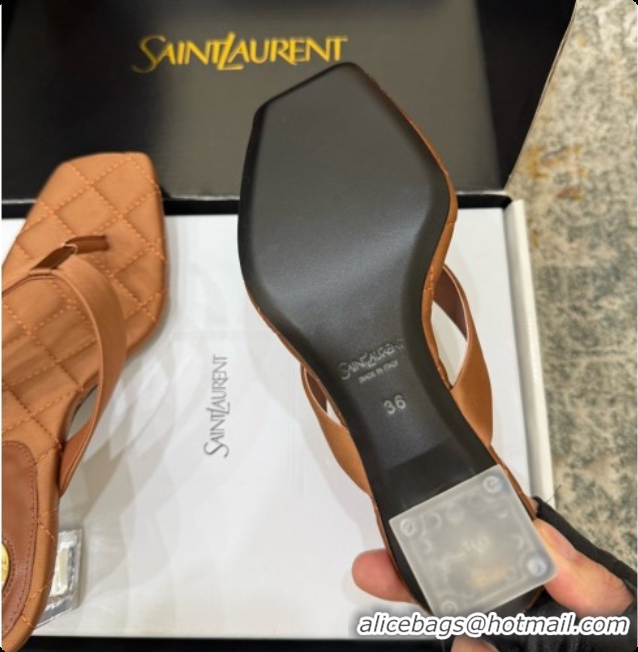Charming Saint Laurent SIP Slides Sandal In Satin 4.5cm Heel Brown 6073145 2026