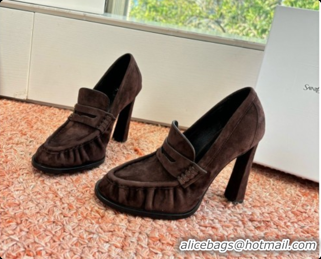 Good Looking Saint Laurent Le Loafer High Heel Pumps 10cm in Suede Dark Brown 8589700 2026