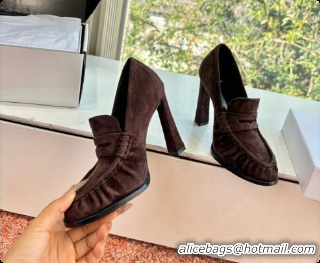 Good Looking Saint Laurent Le Loafer High Heel Pumps 10cm in Suede Dark Brown 8589700 2026