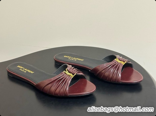 Classic Hot Saint Laurent BABYLONE Slides Flat Sandals in Smooth Leather Burgundy 6081929 2026
