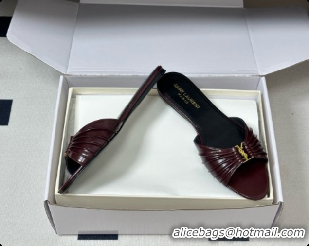 Classic Hot Saint Laurent BABYLONE Slides Flat Sandals in Smooth Leather Burgundy 6081929 2026