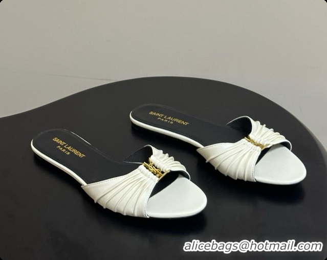 Good Quality Saint Laurent BABYLONE Slides Flat Sandals in Smooth Leather White 6081932 2026