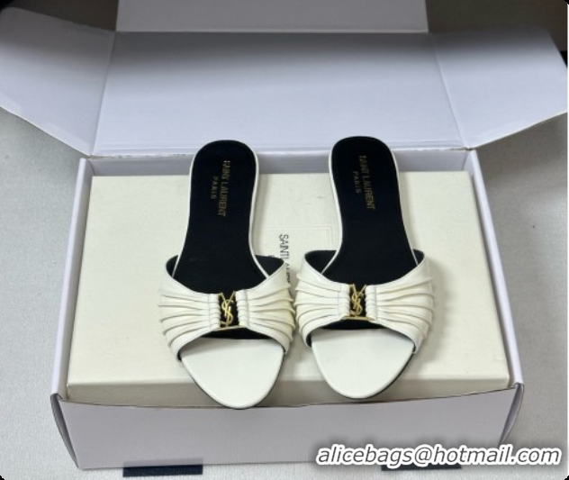 Good Quality Saint Laurent BABYLONE Slides Flat Sandals in Smooth Leather White 6081932 2026