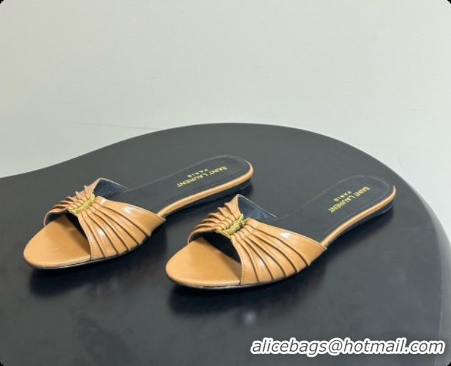 Luxurious Saint Laurent BABYLONE Slides Flat Sandals in Smooth Leather Brown 6081933 2026