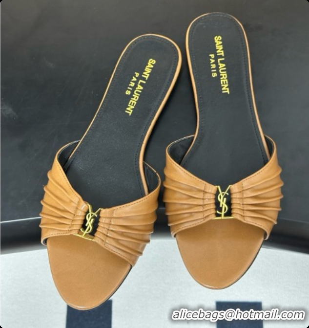 Luxurious Saint Laurent BABYLONE Slides Flat Sandals in Smooth Leather Brown 6081933 2026