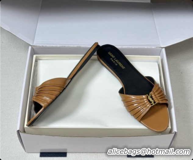 Luxurious Saint Laurent BABYLONE Slides Flat Sandals in Smooth Leather Brown 6081933 2026