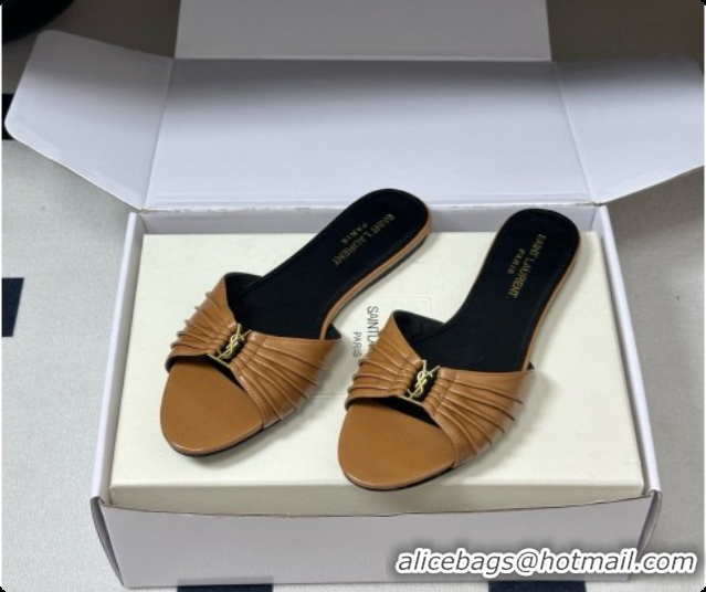 Luxurious Saint Laurent BABYLONE Slides Flat Sandals in Smooth Leather Brown 6081933 2026