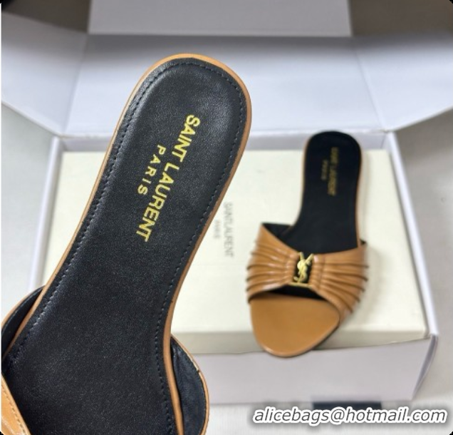 Luxurious Saint Laurent BABYLONE Slides Flat Sandals in Smooth Leather Brown 6081933 2026