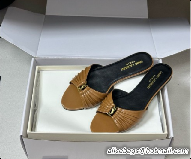 Luxurious Saint Laurent BABYLONE Slides Flat Sandals in Smooth Leather Brown 6081933 2026