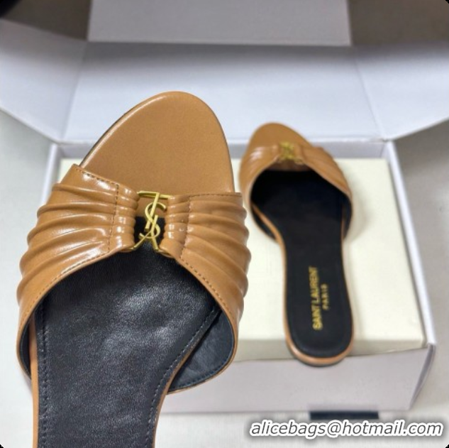 Luxurious Saint Laurent BABYLONE Slides Flat Sandals in Smooth Leather Brown 6081933 2026