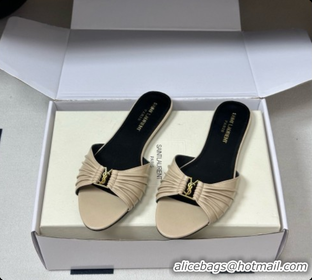 Good Product Saint Laurent BABYLONE Slides Flat Sandals in Smooth Leather Beige 6081934 2026