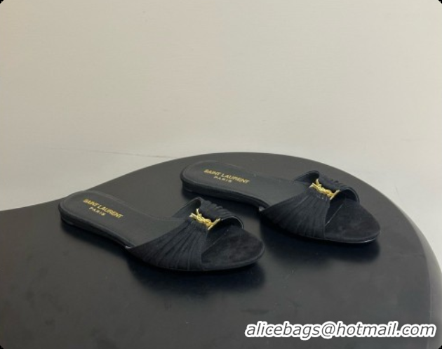 Best Price Saint Laurent BABYLONE Slides Flat Sandals in Black Suede 6081935 2026