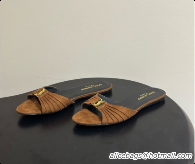 Grade Saint Laurent BABYLONE Slides Flat Sandals in Brown Suede 6081936 2026