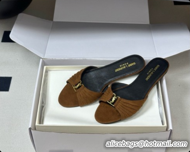 Grade Saint Laurent BABYLONE Slides Flat Sandals in Brown Suede 6081936 2026