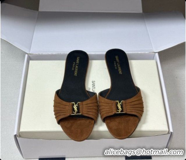 Grade Saint Laurent BABYLONE Slides Flat Sandals in Brown Suede 6081936 2026