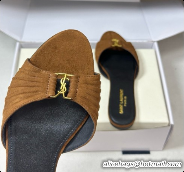 Grade Saint Laurent BABYLONE Slides Flat Sandals in Brown Suede 6081936 2026