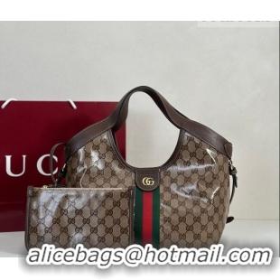 Shop Promotional Gucci Giglio Small Tote Bag in Varnished GG Fabric 860845 Brown 2025