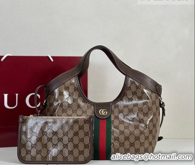 Shop Promotional Gucci Giglio Small Tote Bag in Varnished GG Fabric 860845 Brown 2025