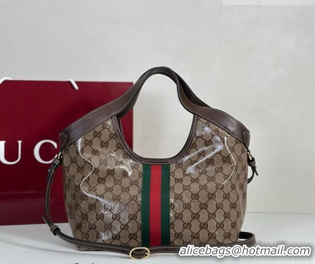 Shop Promotional Gucci Giglio Small Tote Bag in Varnished GG Fabric 860845 Brown 2025