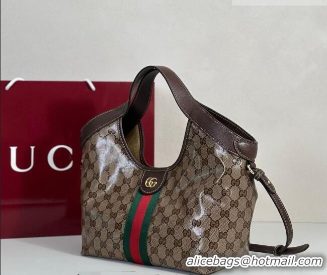 Shop Promotional Gucci Giglio Small Tote Bag in Varnished GG Fabric 860845 Brown 2025