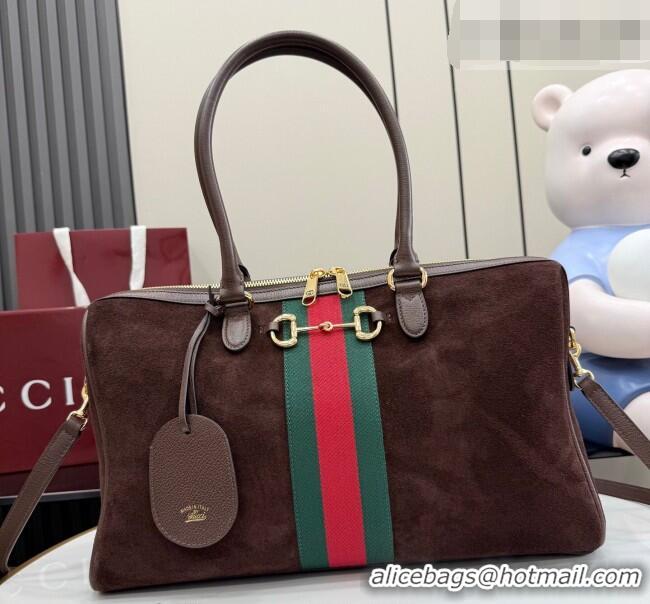 Luxury Discount Gucci Borsetto large boston bag in suede 866734 Dark Brown 2026