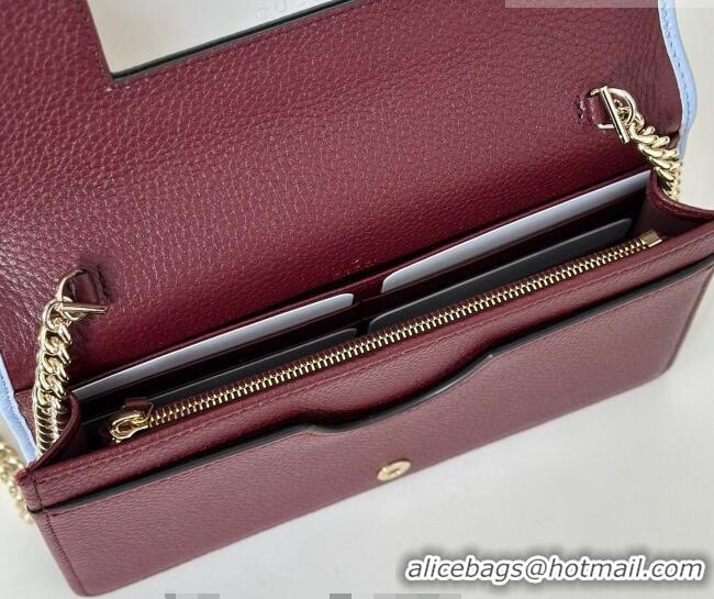 New Design Gucci Bi-color GG Marmont wallet on chain in Leather 497985 Light Blue/Burgundy 2026
