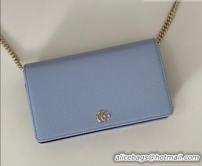 New Design Gucci Bi-color GG Marmont wallet on chain in Leather 497985 Light Blue/Burgundy 2026