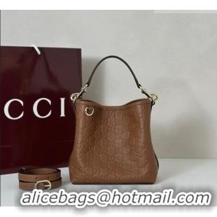 Best Quality Gucci GG Leather Emblem Small Bucket Bag 815118 Brown 2025
