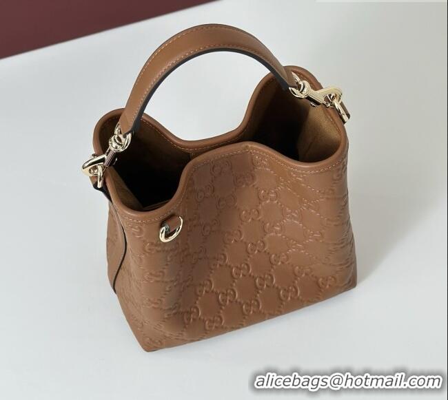 Best Quality Gucci GG Leather Emblem Small Bucket Bag 815118 Brown 2025