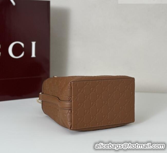 Best Quality Gucci GG Leather Emblem Small Bucket Bag 815118 Brown 2025