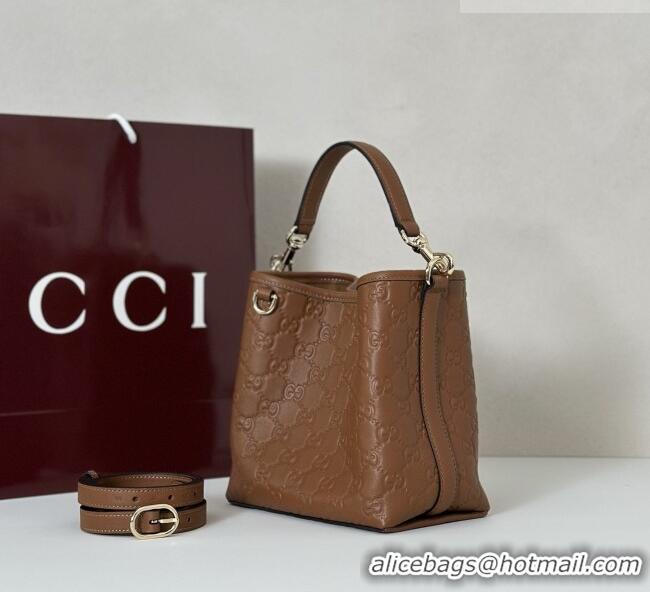 Best Quality Gucci GG Leather Emblem Small Bucket Bag 815118 Brown 2025