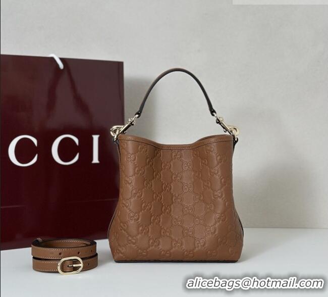 Best Quality Gucci GG Leather Emblem Small Bucket Bag 815118 Brown 2025