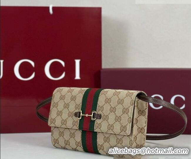 New Fashion Gucci GG Canvas Horsebit Web Wallet with Strap 867120 Sand 2026