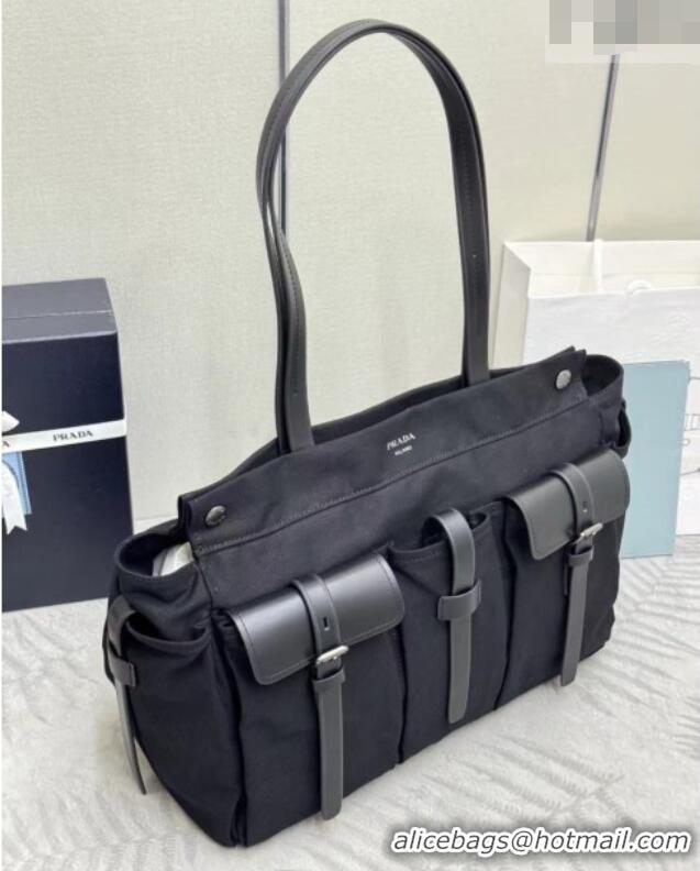 Top Grade Prada Route Canvas and Leather Tote Bag 2VG139 Black 2026