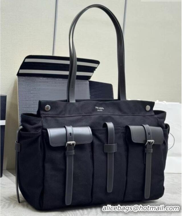 Top Grade Prada Route Canvas and Leather Tote Bag 2VG139 Black 2026