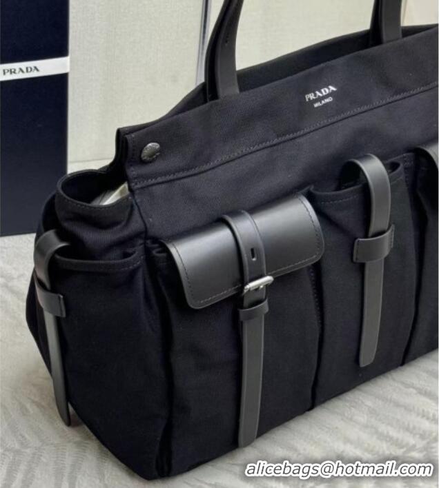 Top Grade Prada Route Canvas and Leather Tote Bag 2VG139 Black 2026