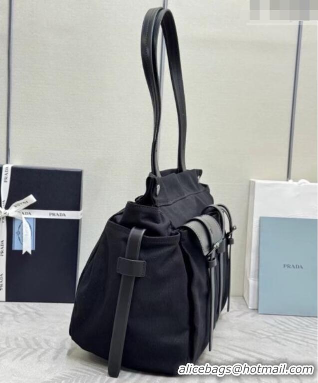 Top Grade Prada Route Canvas and Leather Tote Bag 2VG139 Black 2026