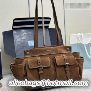 Well Crafted Prada Route Medium Suede Leather Tote Bag 1BG645 Brown 2026