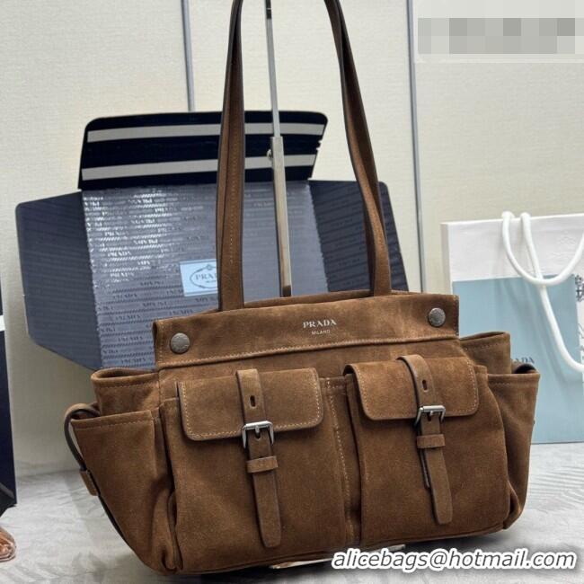 Well Crafted Prada Route Medium Suede Leather Tote Bag 1BG645 Brown 2026