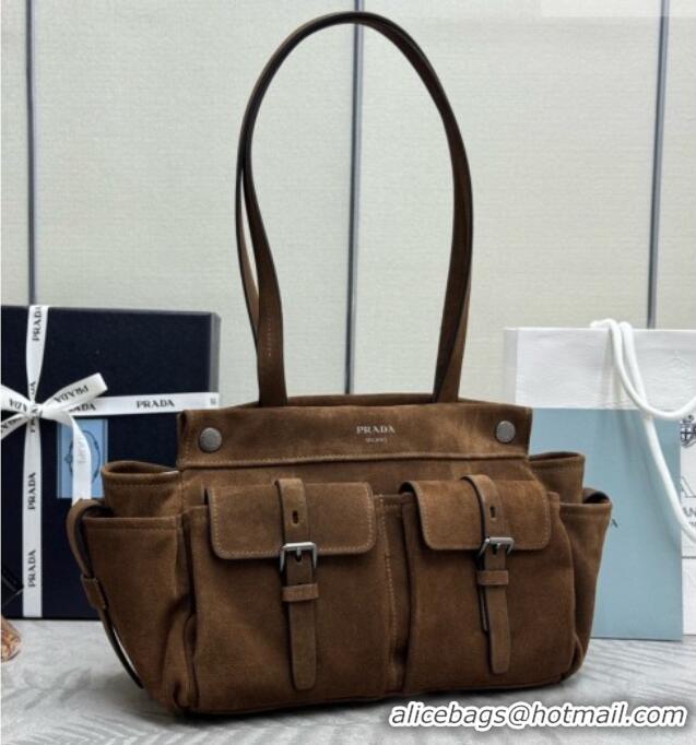 Well Crafted Prada Route Medium Suede Leather Tote Bag 1BG645 Brown 2026