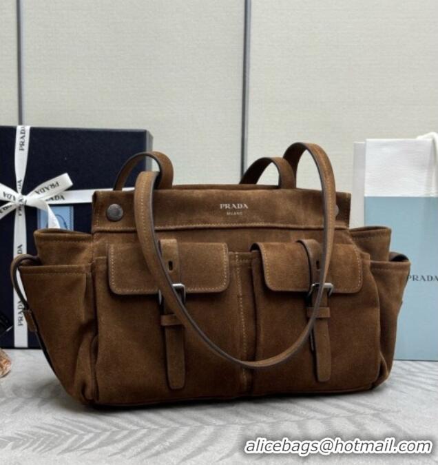 Well Crafted Prada Route Medium Suede Leather Tote Bag 1BG645 Brown 2026