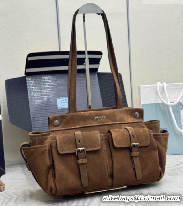 Well Crafted Prada Route Medium Suede Leather Tote Bag 1BG645 Brown 2026
