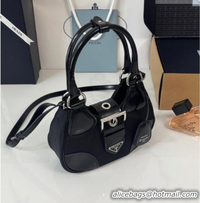 Top Design Prada Re-Nylon and Shiny Leather Mini Moon Bag 1BA381 Black 2026
