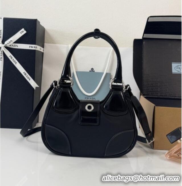 Top Design Prada Re-Nylon and Shiny Leather Mini Moon Bag 1BA381 Black 2026