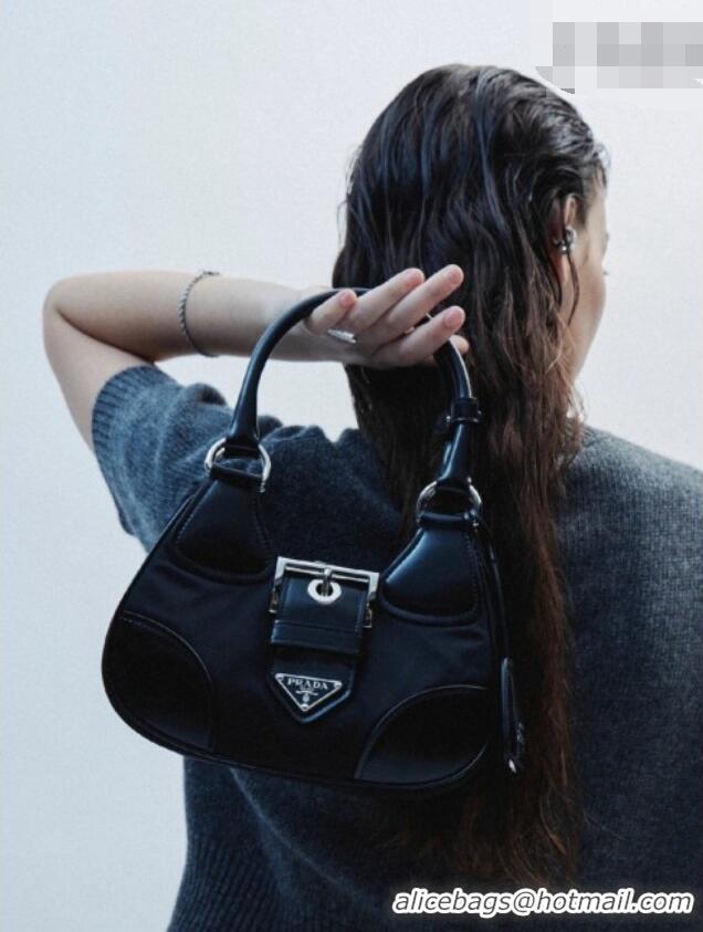 Top Design Prada Re-Nylon and Shiny Leather Mini Moon Bag 1BA381 Black 2026