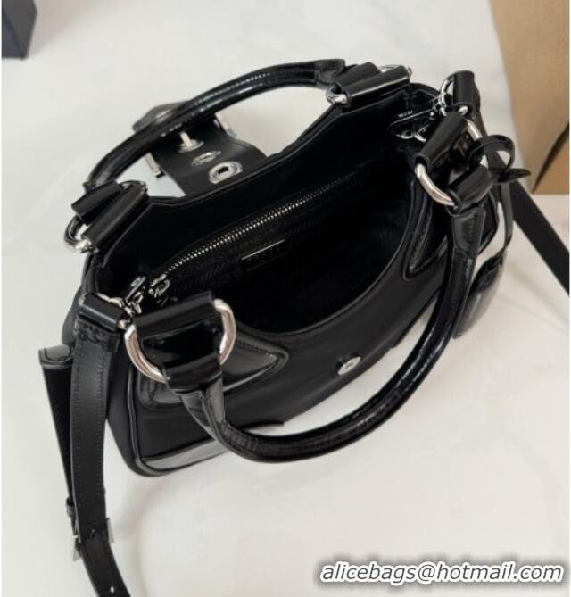 Top Design Prada Re-Nylon and Shiny Leather Mini Moon Bag 1BA381 Black 2026
