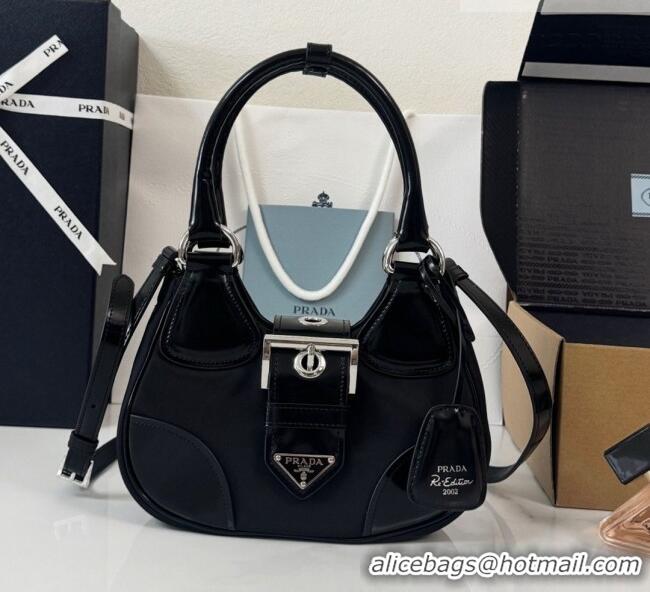 Top Design Prada Re-Nylon and Shiny Leather Mini Moon Bag 1BA381 Black 2026