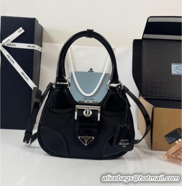 Top Design Prada Re-Nylon and Shiny Leather Mini Moon Bag 1BA381 Black 2026